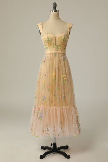 Champagne Sleeveless Sweetheart Long Semi-Formal Dress with Embroidery